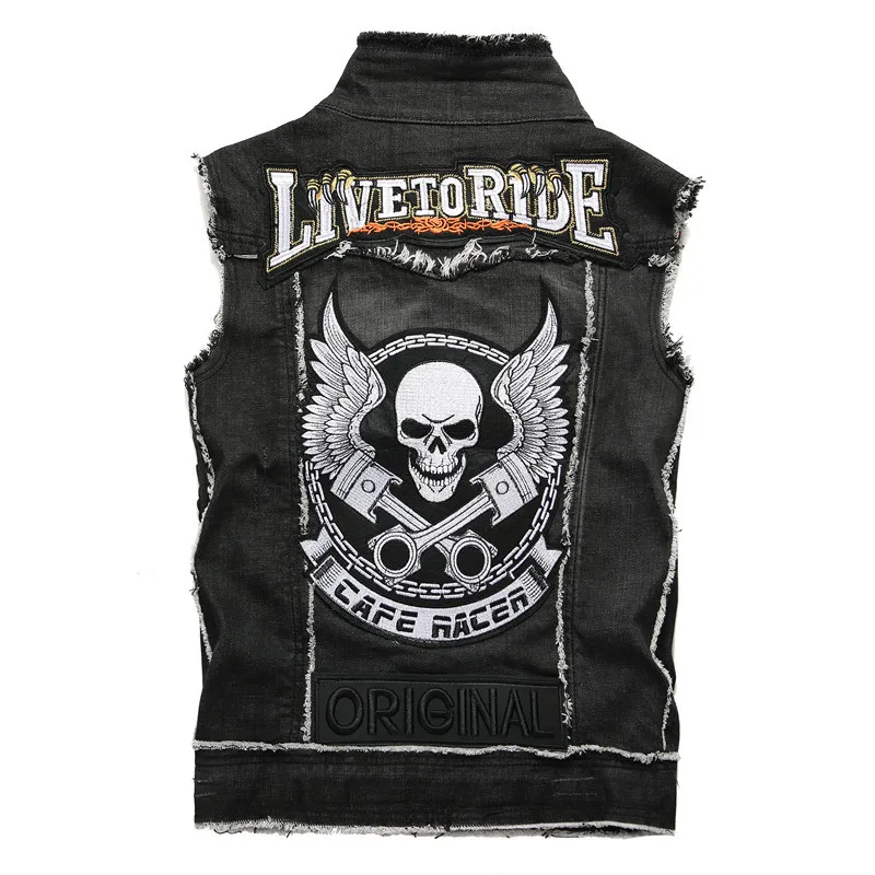 2020 New Men's Punk Denim Vests Sleeveless Vintage Jeans Vest Jackets Black Skull Embroidery Waistcoat Ripped Cowboy Streetwear | Мужская