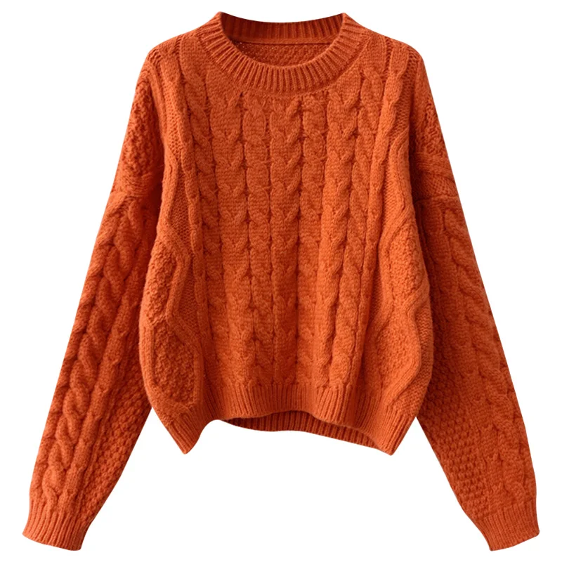 

Twisted Knitted Women Sweater Pullovers O-Neck Long-Sleeved Loose Short Empire Female Pulls Outwear Tops