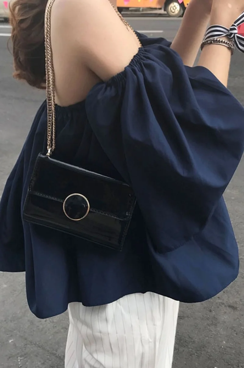 

GOOHOJIO Fashion Womens Chiffon Puff Sleeve Off Shoulder Crop Tops Blouses Loose Casual Blouse Lady Sexy Short Style Slash Neck