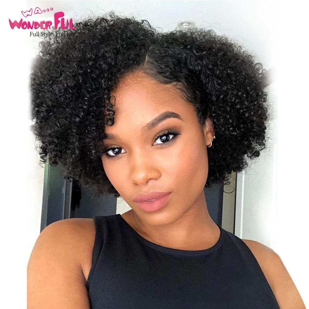 

Wonderful Human Hair Wigs Brazilian Remy Afro Kinky Curly Wigs For Black Women Pixie Cut Human Hair Wig Short Part Wig with Bang