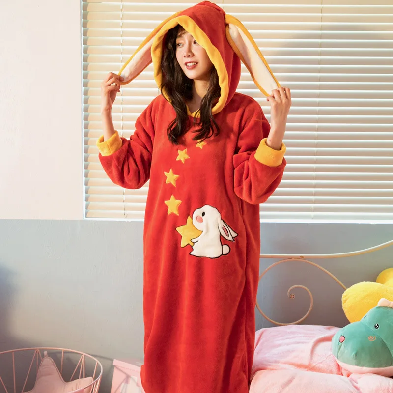 Winter Thick Warm Female Coral Fleece Nightdress Robe Cartoon Cute Animal Nightgown 2020 Lady dress hooded loungewear Sleepwear | Женская