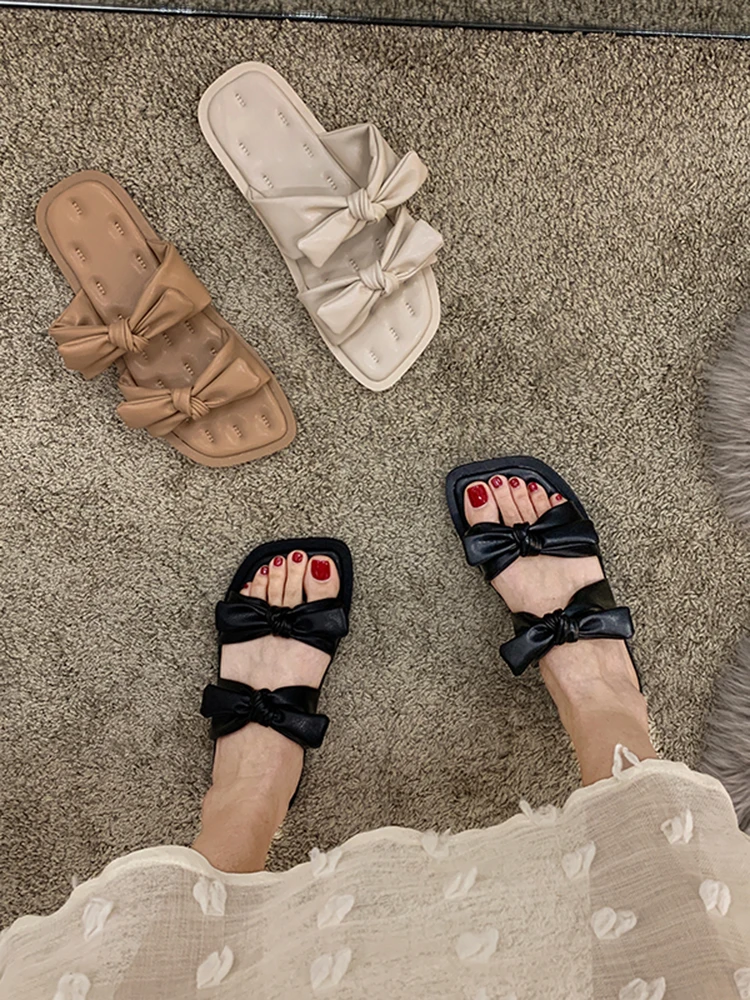 

Female Shoes Butterfly-Knot Slippers Women Summer Slides Fashion 2021 Flat Luxury Rome Butterfly-knot PU Basic Rubber Female Sho