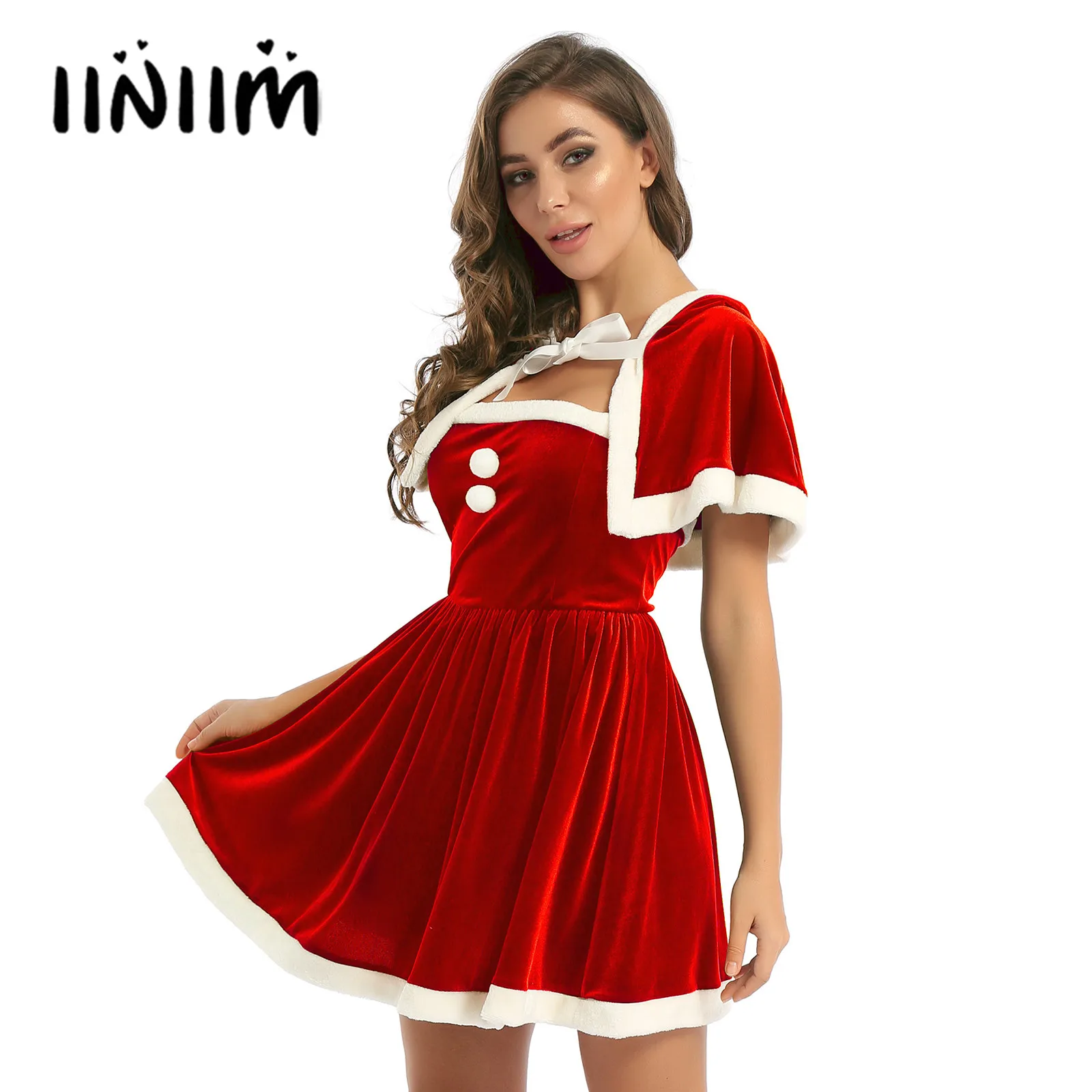 

Womens Winter Christmas Clothes Reindeer Xmas Santa Costume Outfits Winter Holiday Party Femme Dress Up Top Dress Hooded Cape