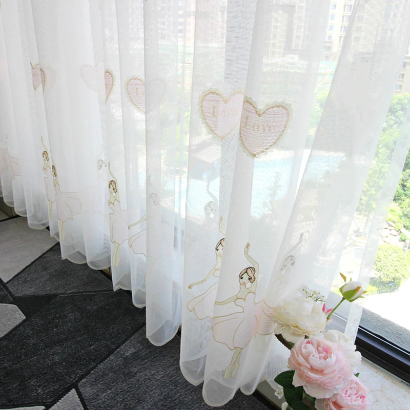 Lovely Ballet Dance Girls Embroidered Sheer Curtain for Princess Room Pink Hearted Pattern White Mesh Voile Window Panel ZH478H