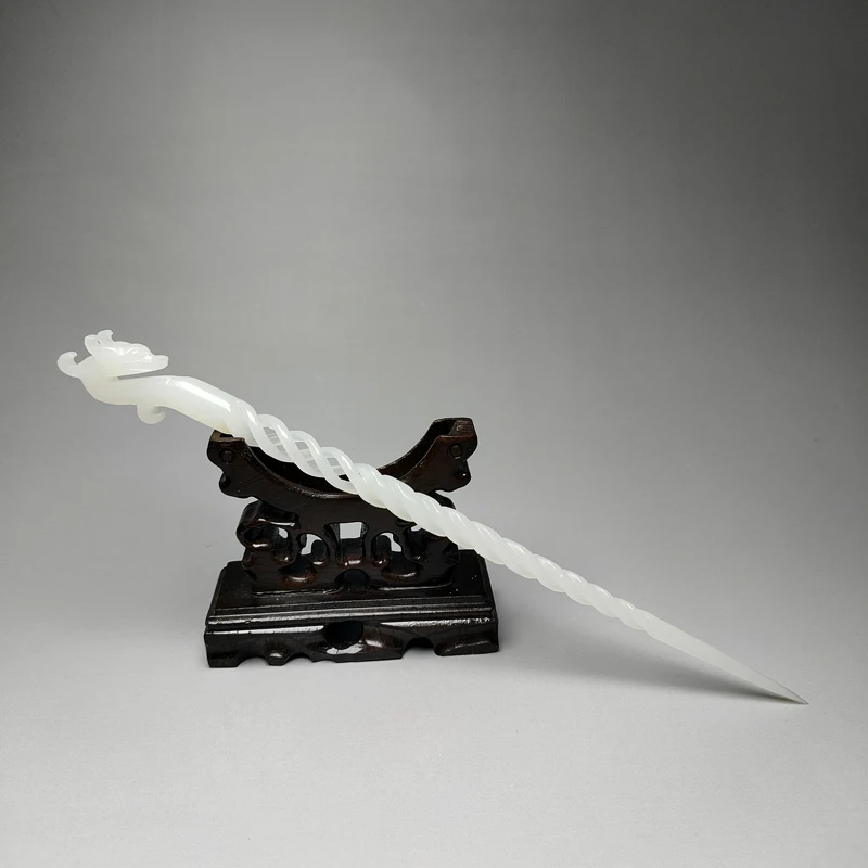 Exquisite Chinese Classical Handmade Collectibles Hollow-out White Jade Dragon Statue Hairpin
