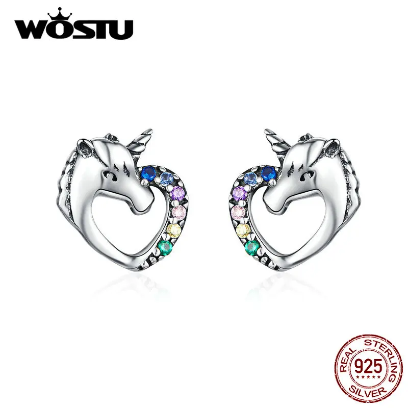 WOSTU, серьги-гвоздики в форме сердца с единорогом, 925 пробы, серебро, много цветов, CZ серьги для женщин, Свадебные Роскошные брендовые ювелирные изделия CQE611