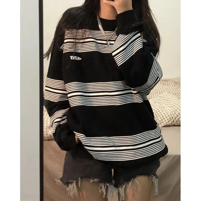 

Internet Celebrity Black and White Striped Sweater for Women 2021 New Korean Style Thin Loose Bf Idle Style National Fashion Rac