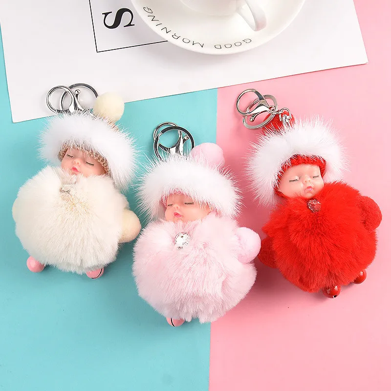 Милые пушистые спящие Детские брелоки женские помпоны из кроличьего меха брелок