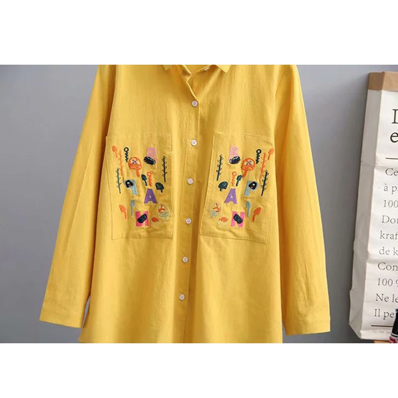 

Autumn Women Floral Embroidery Pockets Cotton Black Shirt Long Sleeve Casual Blouse Plus Size 4XL Tops Feminina Blusa T06620F