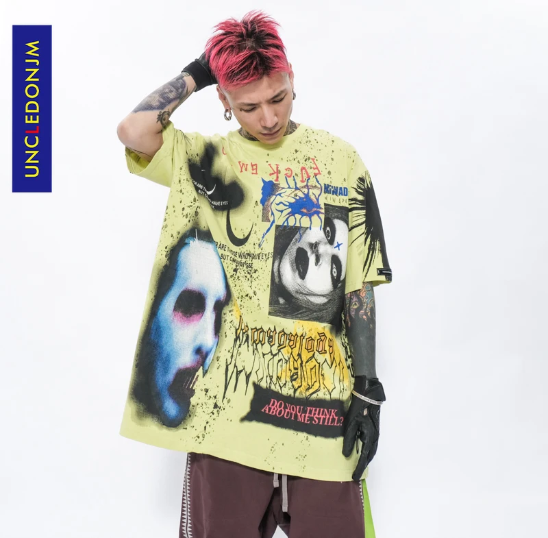 

UNCLEDONJM Evil graffiti tshirt Oversized t shirt HIP HOP harajuku graphic t shirts new arrival 2021 retro t shirt ULSD70