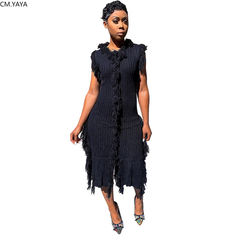 2019 осень зима женские с круглым вырезом без рукавов кисточками осеннее платье