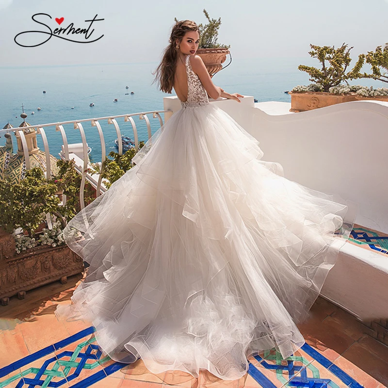 

Роскошное Свадебное платье BAZIIINGAAA из шелковистой органзы с v-образным вырезом и открытой спиной без рукавов, кружевное свадебное платье с по...