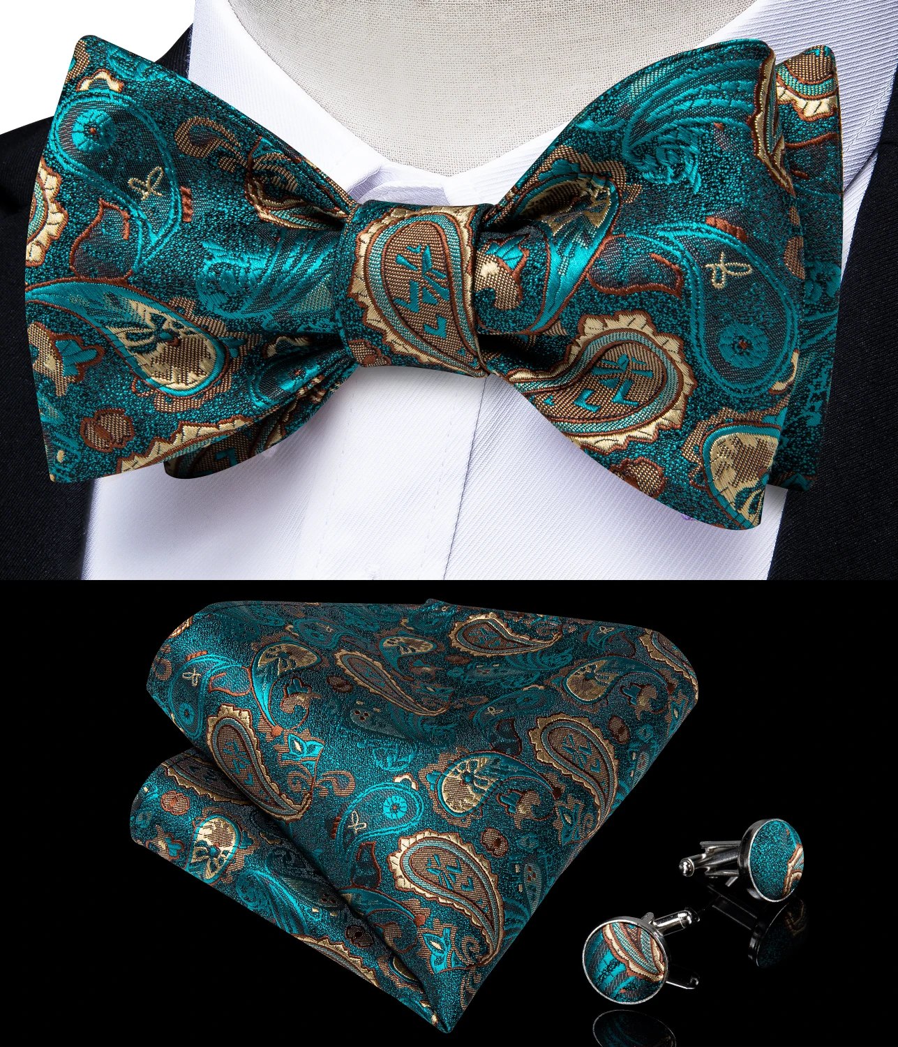 

Luxury Teal Green Paisley Silk Woven Self Tie Bow Tie Handkerchief Set Wedding Party Men Butterfly Fashion Bowknot DiBanGu
