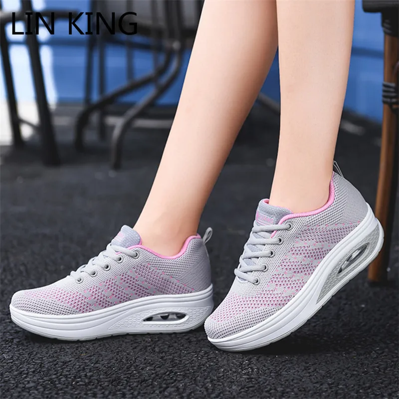 

LIN KING/женская повседневная обувь из дышащего трикотажа; Кроссовки на танкетке со шнуровкой; Удобные женские теннисные кроссовки на толстой ...