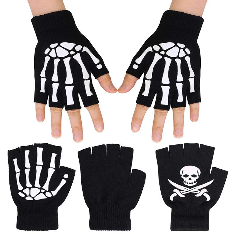 

Warm Knitting Gloves for Adult Solid Luminous Half Finger Glove Human Skeleton Head Gripper Print Cycling Non-slip Wrist Gloves
