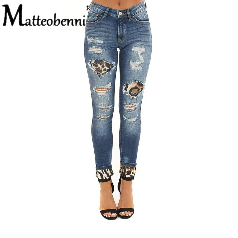 

2020 Autumn Patchwork High Waist Little Feet Denim Pants Women Casual Skinny Ripped Jeans Pocket Long Trousers Ladies Streetwear