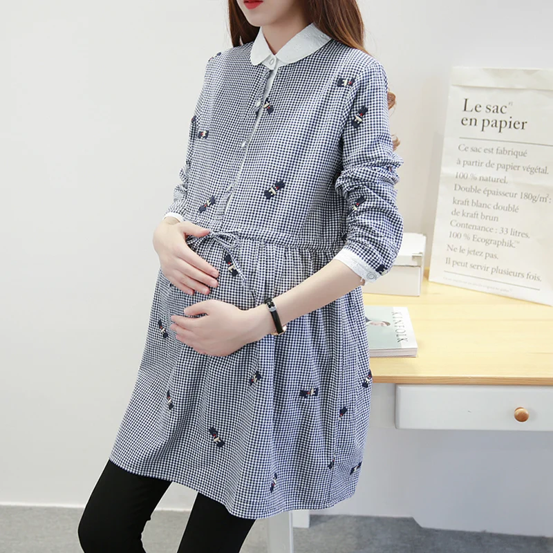 Весенне осеннее клетчатое платье с длинными рукавами для беременных женщин