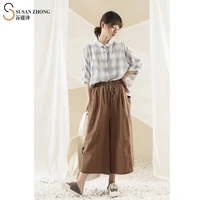women pants feme trousers 2021 spring summer natural normcore vintage indi clothing loose harem cotton elastic waist check hem