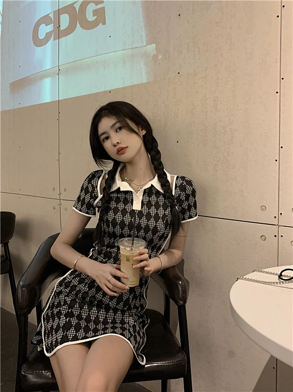 

Summer new style polo collar sexy short-sleeved hollow out waist bag hip dress women