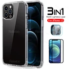 3 в 1 силиконовый мягкий прозрачный чехол для iphone 12 мини чехол Защитное стекло для iphone 12 pro max iphone12 мини Чехол coque