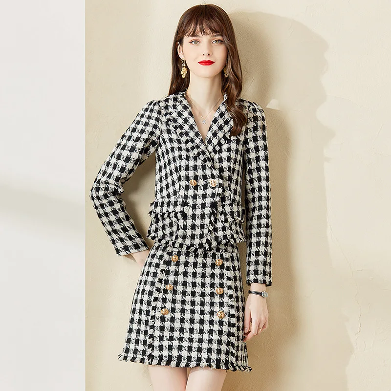 

Vintage Sweet Women Button Check Gingham Plaid Blazer High Waist A line Mini Short Skirts Long Sleeve Suits 2 Pieces Set T179