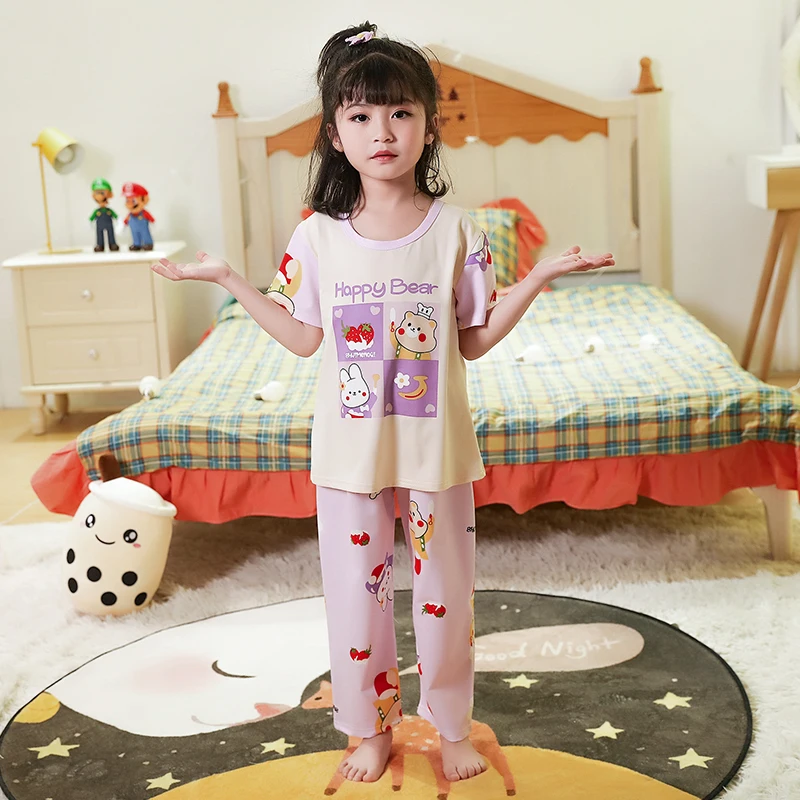 

Summer Short Sleeve Trousers Children's Pajama Set For Baby Girl Air-conditioned Room Sleepwear Cute Cartoon Kids Cotton Pajamas
