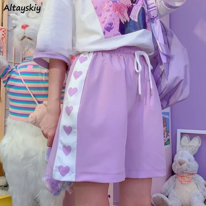 Шорты женские в стиле пэчворк с завышенной талией милыми фиолетовыми сердечками