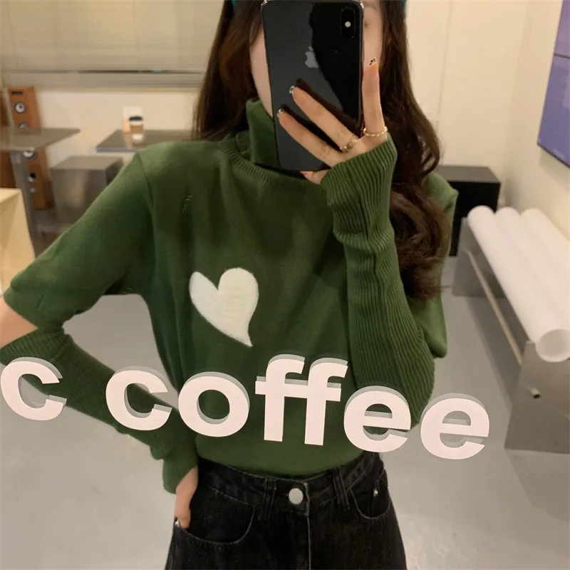

4colors 2022 Spring Autumn Turtleneck Sweater Women's Love Sweaters and Pullovers Female Cropped Tops(N0232)