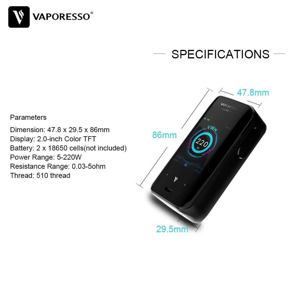 Vaporesso Luxe Mod 220W Vape электронная сигарета подходит для SKRR Tank TC Box 510 thread Atomizer с 2