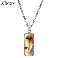 classical gustav klimt the kiss necklace golden tears painting glass dome rectangular pendant necklaces for women jewelry gifts