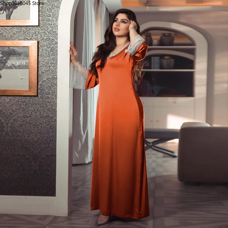 

Plus Size Dresses For Women 2021 Fashion Abaya Dubai Muslim Turkey Long Sleeve Satin Dress Vestidos Vetement Robe Longue Femme
