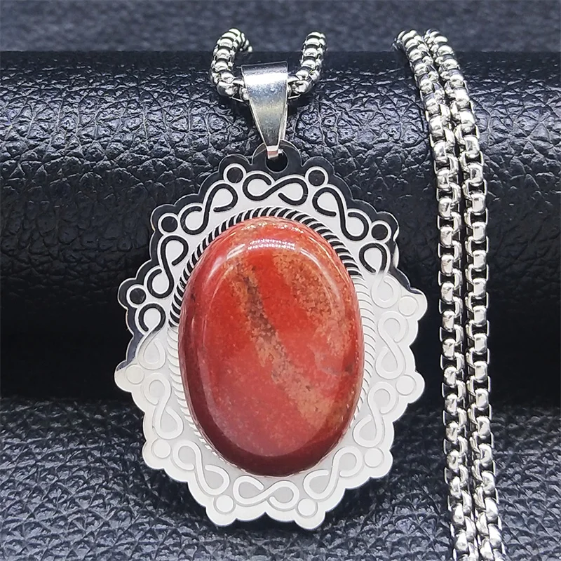 

2023 Flower Red Oval Natural Stone Stainless Steel Chain Necklace Men/Women Necklaces Jewery acero inoxidable joyeria N2220S04