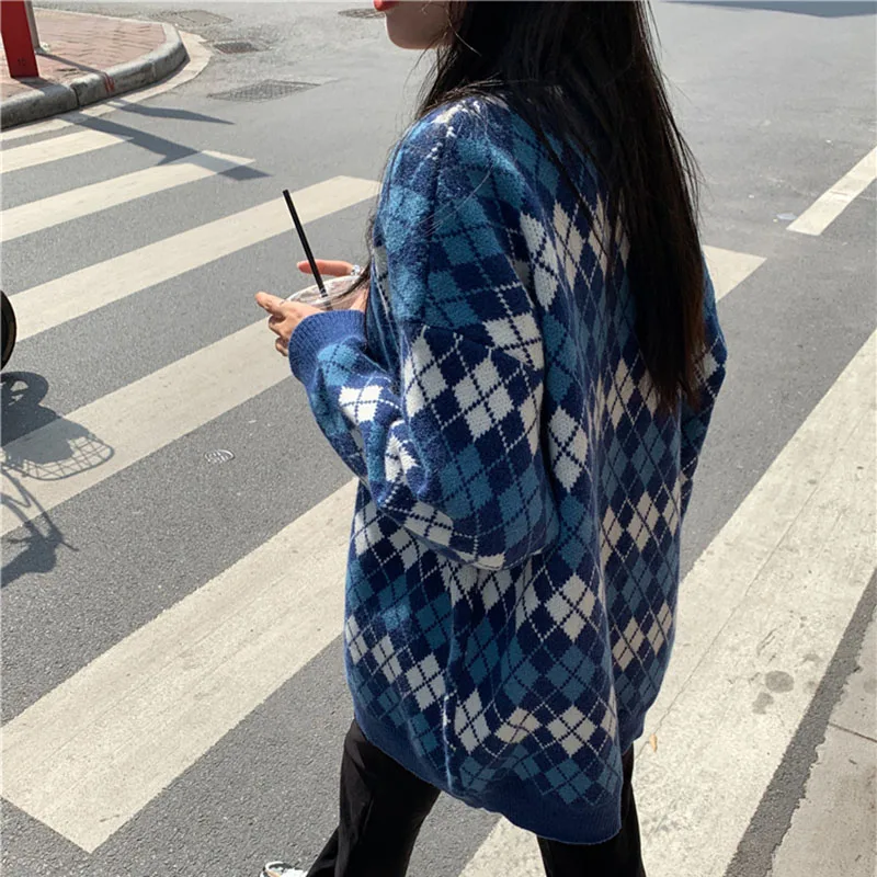 

Sweaters for Women Fashion Vintage Sweater Argyle Sweater Winter Clothes Women Cardigan Sweater Winter Tops Blue Sweater
