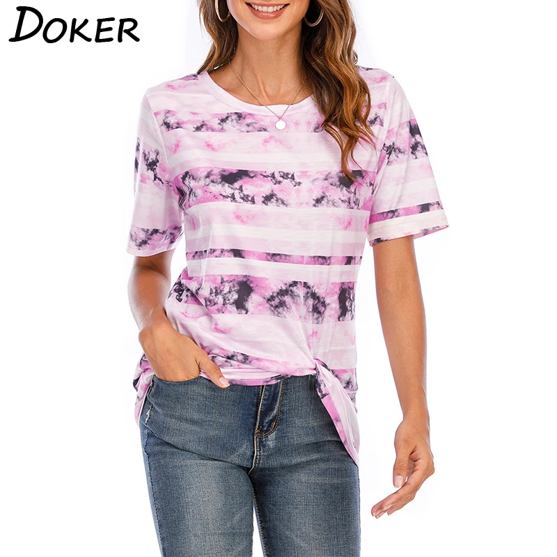 

Women Summer 2021 Stripe Tie-dye Print Knotted T Shirt Female Casual Loose O Neck Streetwear Tops Femme Blouse