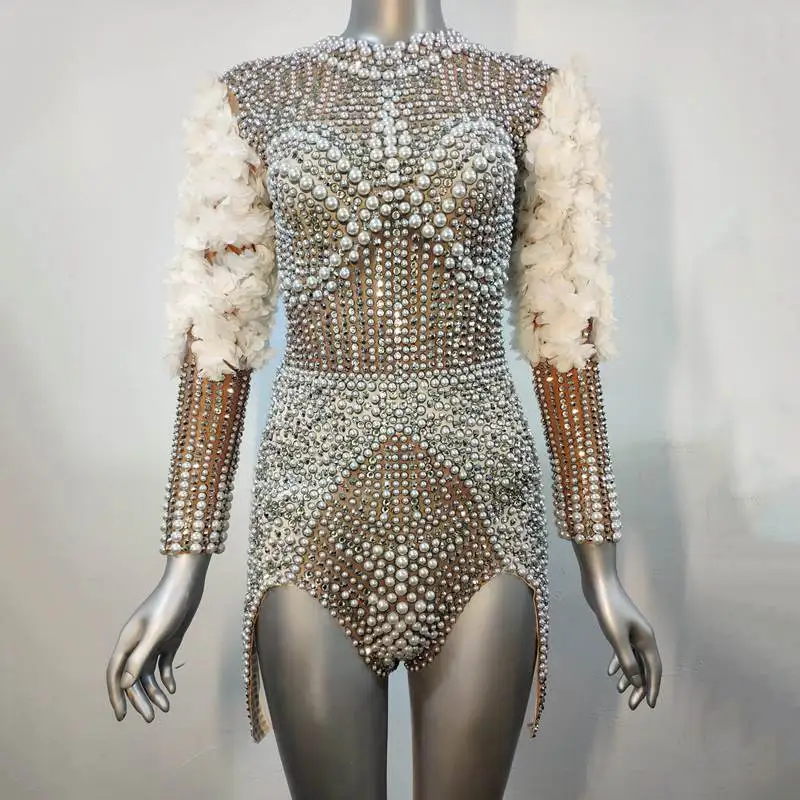 Женское боди с цветочным рукавом украшенное бусинами|Танцевальный костюм для