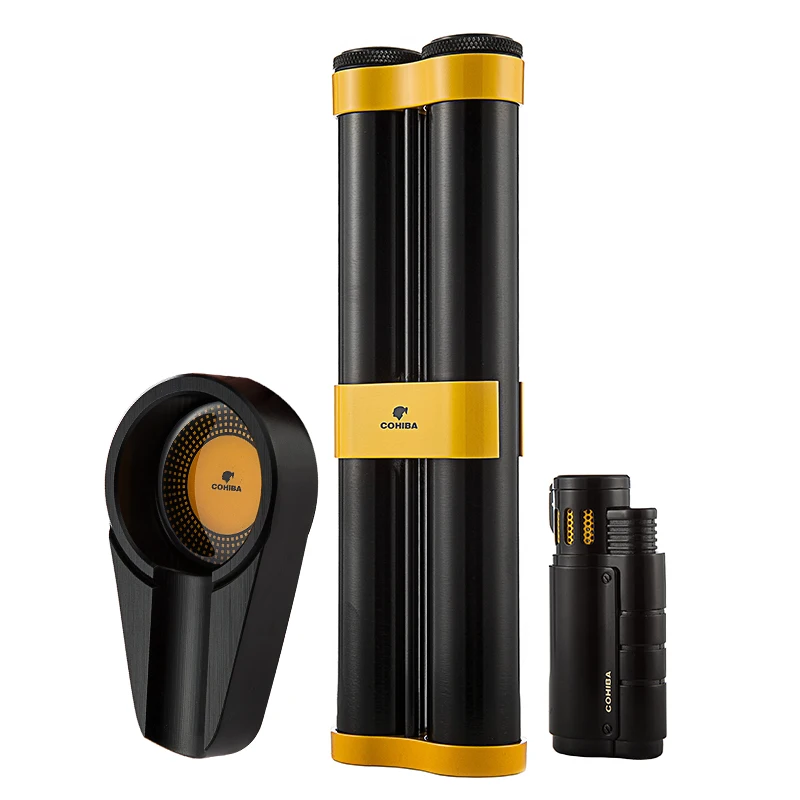 COHIBA набор для курения сигарный костюм с 2 трубками Humidor+ пепельница+ зажигалка для сигар, портативный дорожный сигарный набор