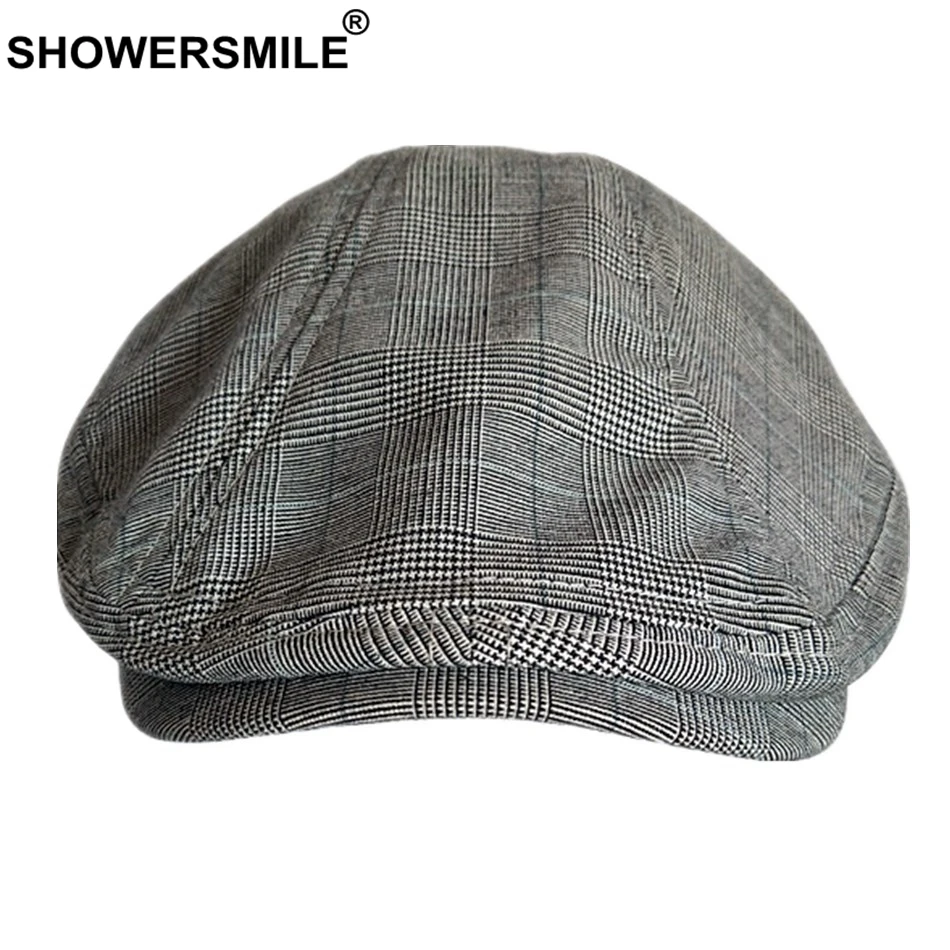 SHOWERSMILE повседневная мужская плоская кепка летний льняной берет шапка клетчатая