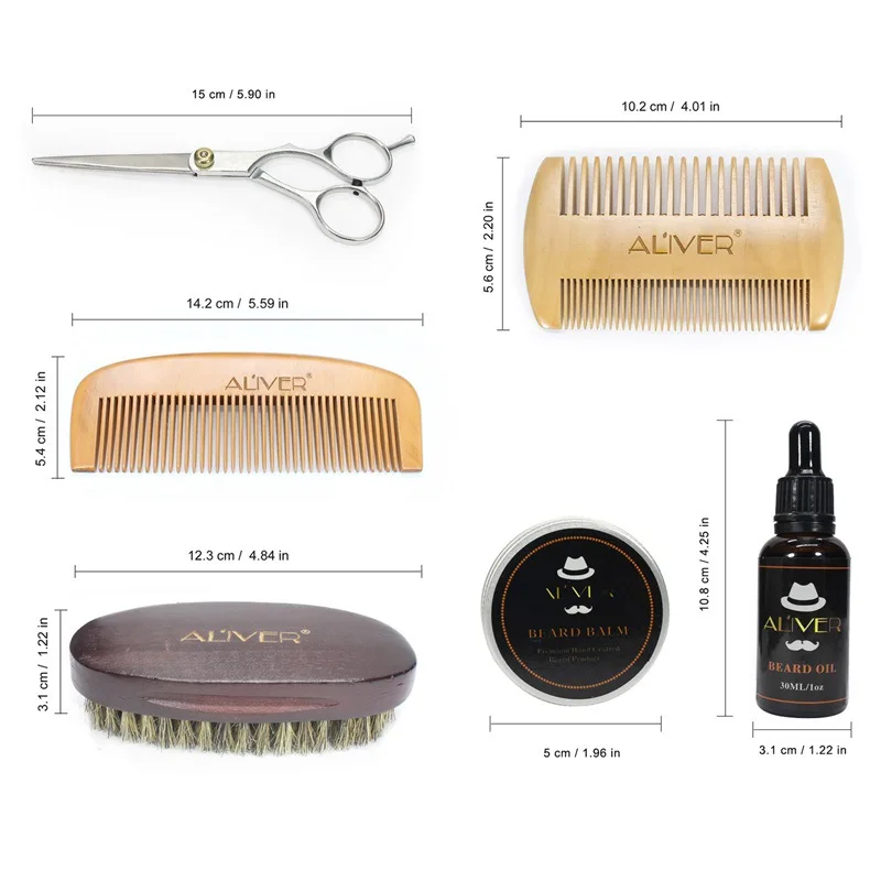 

6pcs/set Men Beard Kit Barba Grooming Beard Set Beard Oil Moisturizing Wax Blam Comb Essence Styling Scissors Hair no box