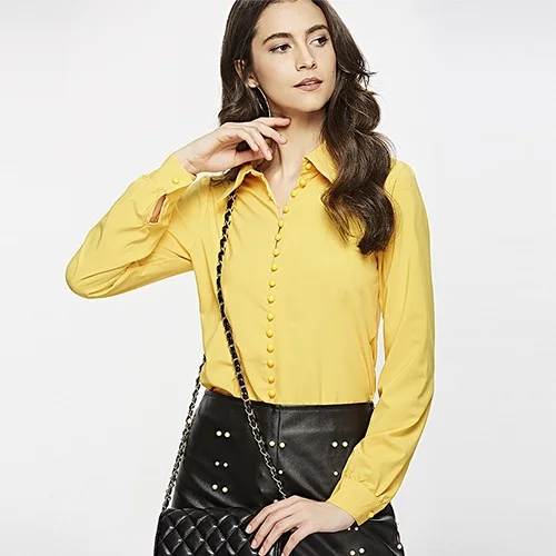 Yellow OOTN желтый длинный рукав женские топы и блузки женские офисные блузки Модная тонкая на кнопках отложной воротник Осень Зима - Цвет: Yellow