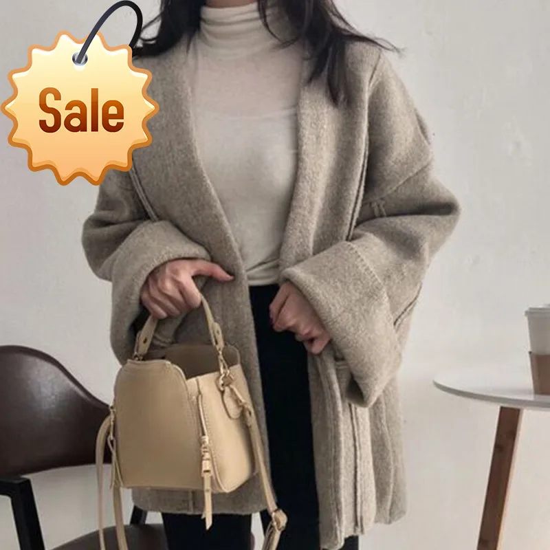 

Autumn Ladies Short Woolen Coat Loose Flared Sleeves All-match Bat Sleeved Cardigan Solid Coats Ladies Size QB366