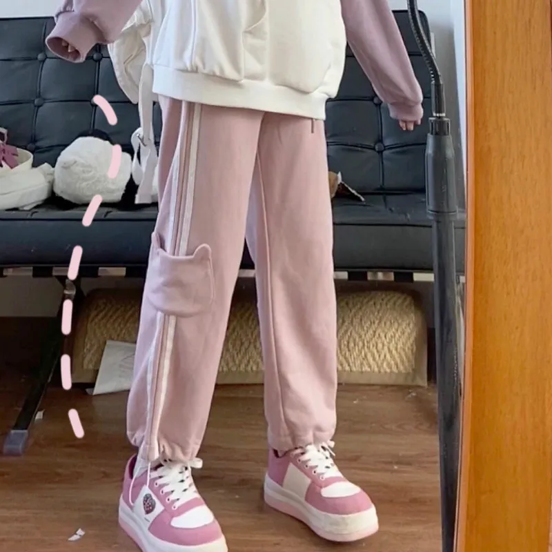 

Pants Women Lovely Pockets Design Harajuku Side-stripe Workout Daily Drawstring Ladies Trousers Popular Sweet Fashion Teens Pant