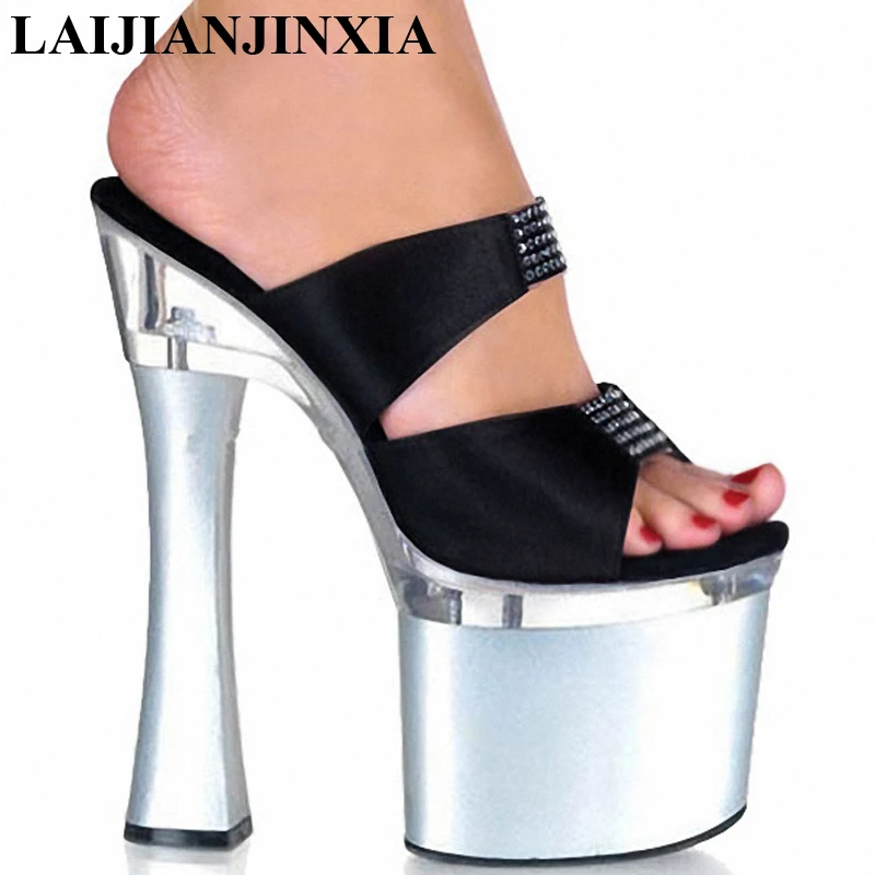 

New Sexy Platform Summer Shoes Female 18cm Ultra High Heels Rhinestone Slippers Lady 7 Inch High Heels Dance Shoes