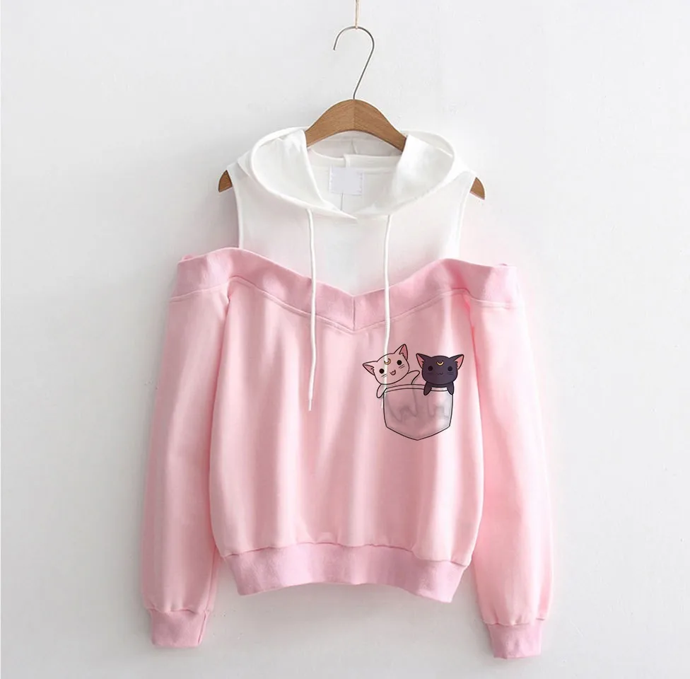 Popualr Cartoon Women Sexy Off Shoulder hoodies Kawaii Girls Spring Autumn Tops Cosplay Harajuku Anime Off Shoulder Sweatshirts