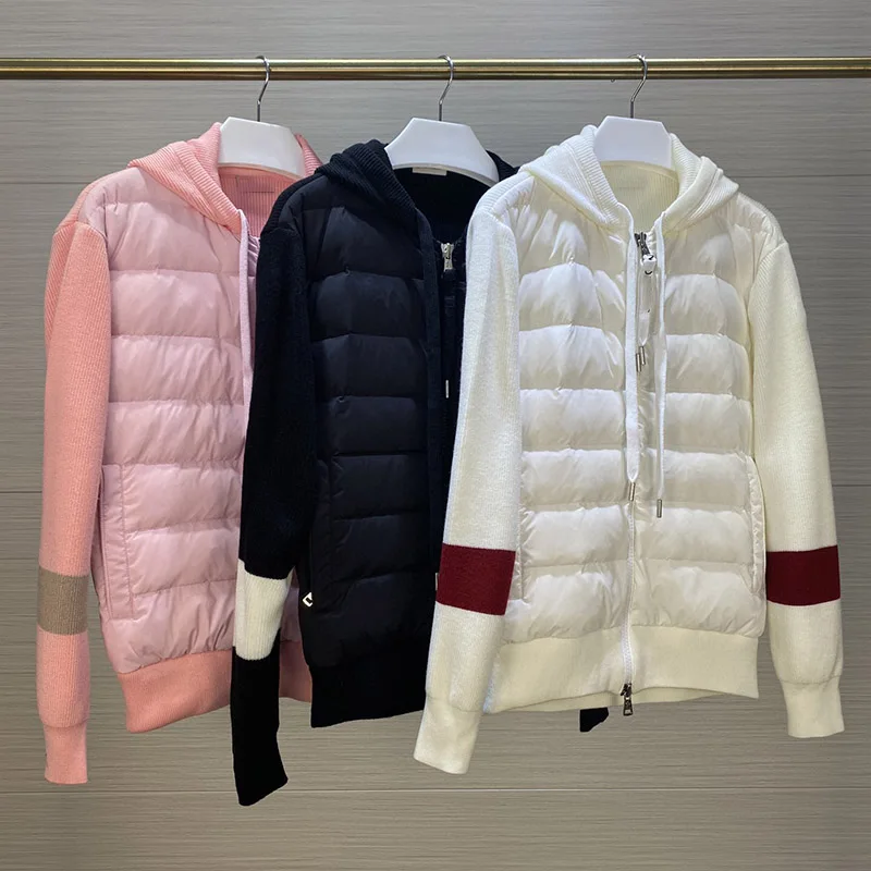 

Coupls Clothes High Quality Men and Women Autumn Winter Light Down Jacket Knitted Sweater Patchwork Hooded Duck Down Jacket