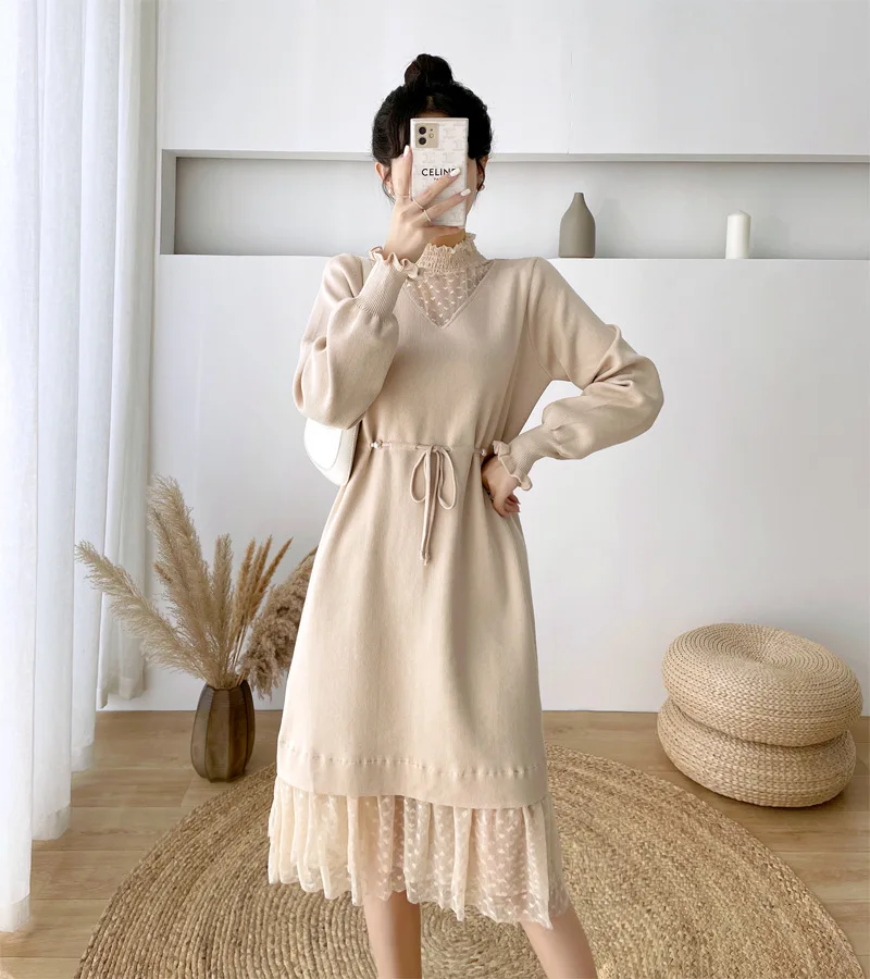 Платья для беременных осенне-зимнее Новое кружевное платье с - Цена: 1504.94