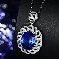 925 new temperament necklace oval dark blue simulation sapphire flash diamond zircon pendant clavicle chain for women jewelry