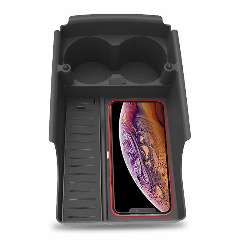 

For Tesla Model S Model X Car Center Console Storage Tray Box With Cup Holder Wireless Phone Charger
