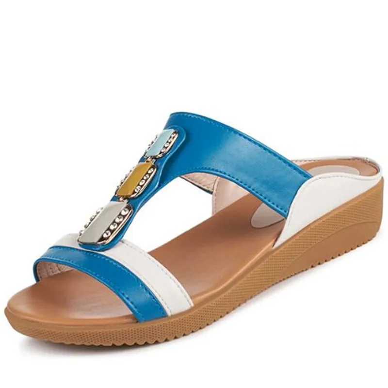 

New Rhinestone Spell Colors Soft Comfort Cow Leather Slippers Women Sandals Plus Size Summer Fashion Sandals Flat Casual Slipper