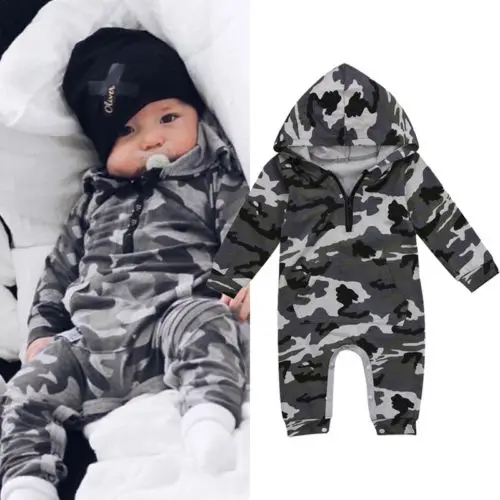 

New Infant Baby Boy Hooded Camouflage Romper Newborn Baby Camo Long Sleeve Romper Warm Spring Autumn Jumpsuit Outfit Boys 0-24M