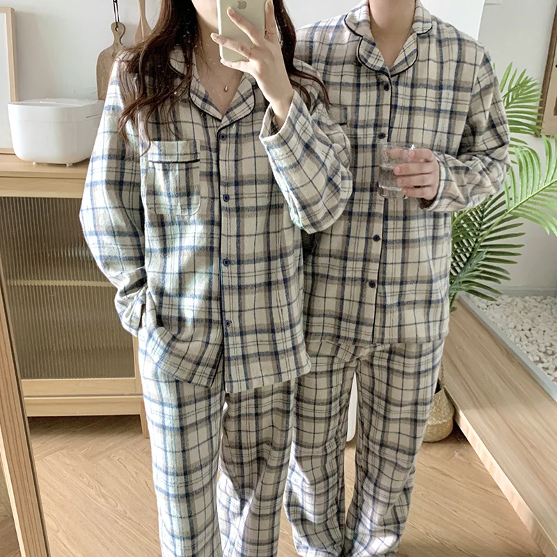 

Vintage Plaid Couple Lovers Autumn Pajamas Set Women Harajuku Cotton Thicken Home Clothes Two Piece Home Suit Single Breasted